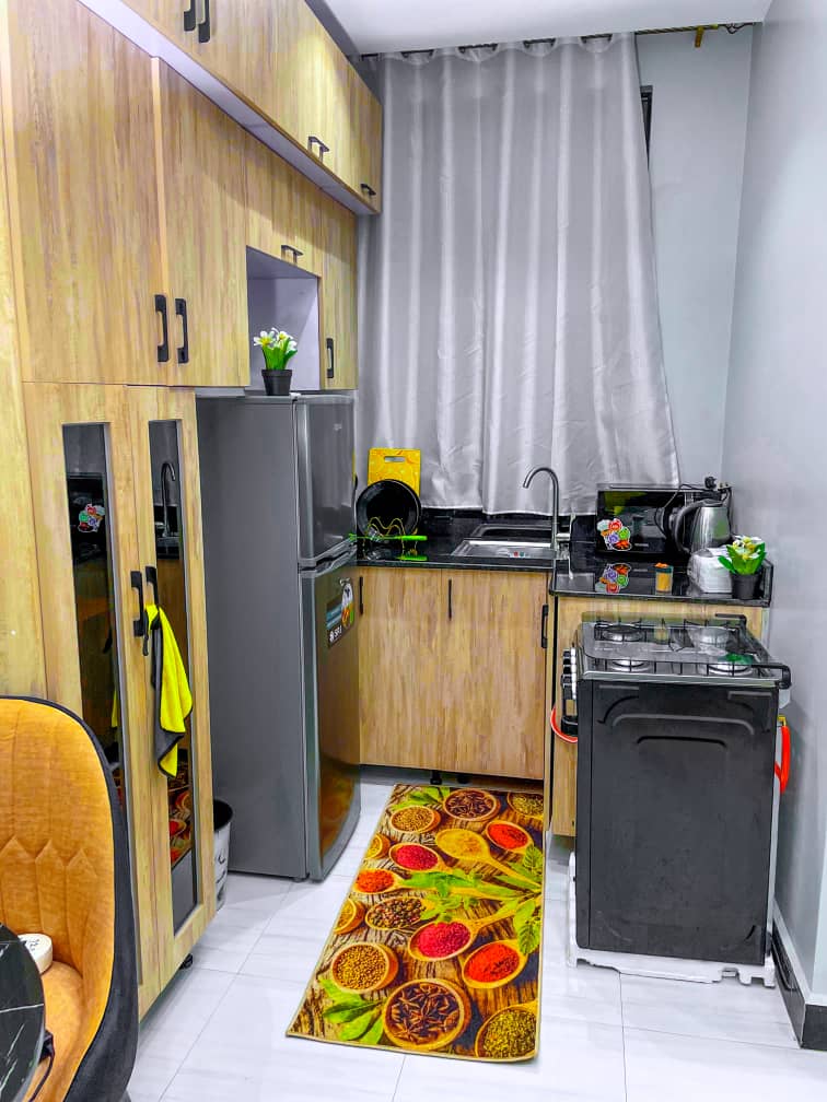 Fully furnished kitchen with cooker and fridge at SN Suites Apartments